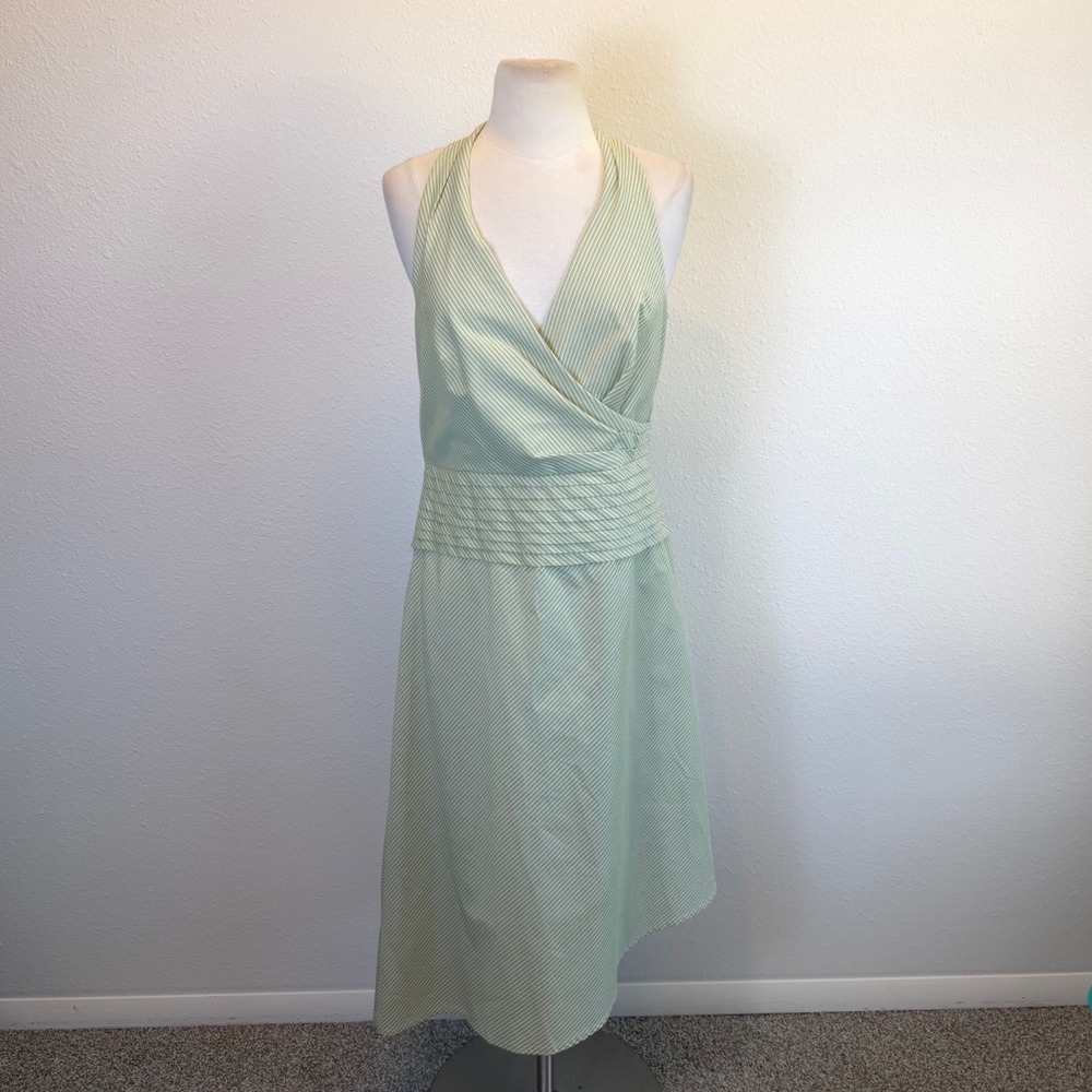 Kay Unger Green Striped Asymmetric Midi Dress Womens 12ā Faux Wrap Cocktail